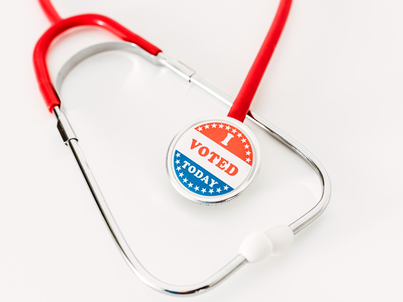 Stethoscope with sticker that read I Voted Today.