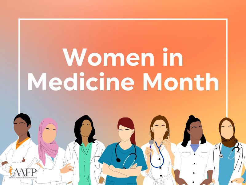 Art drawing of women in front of Women in Medicine Month wording