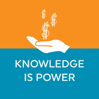 "Knowledge is Power" with dollar signs dropping into hand 